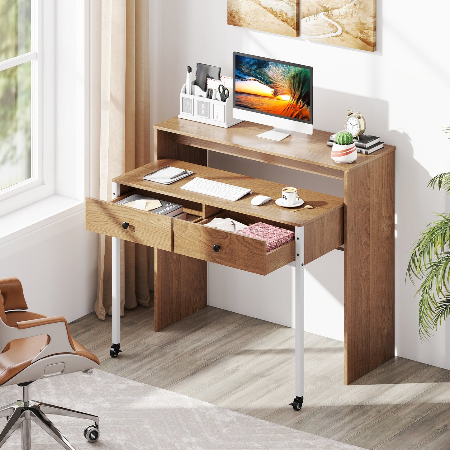 Extendable Computer Desk with 2 Storage Drawers Convertible Home Office Desk -Natural