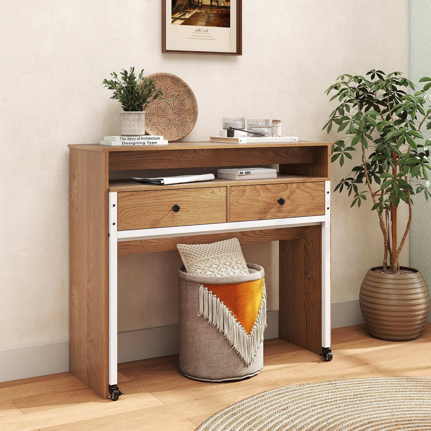 Extendable Computer Desk with 2 Storage Drawers Convertible Home Office Desk -Natural