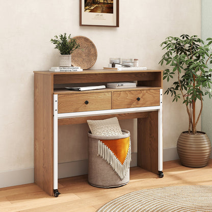 Extendable Computer Desk with 2 Storage Drawers Convertible Home Office Desk -Natural