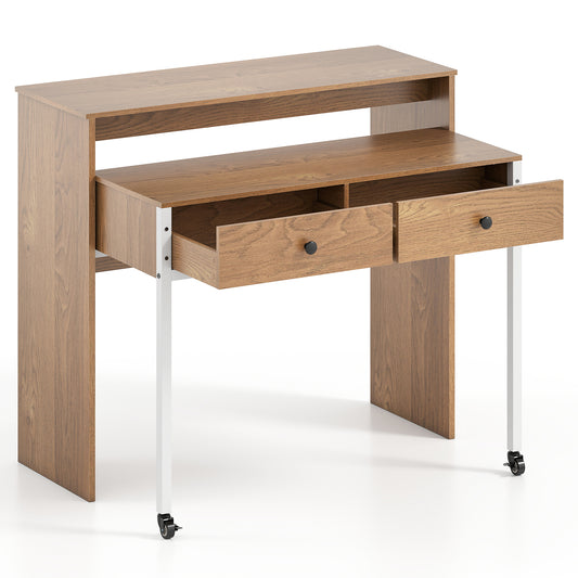 Extendable Computer Desk with 2 Storage Drawers Convertible Home Office Desk -Natural
