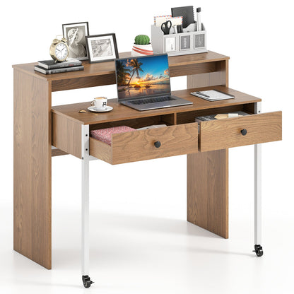 Extendable Computer Desk with 2 Storage Drawers Convertible Home Office Desk -Natural