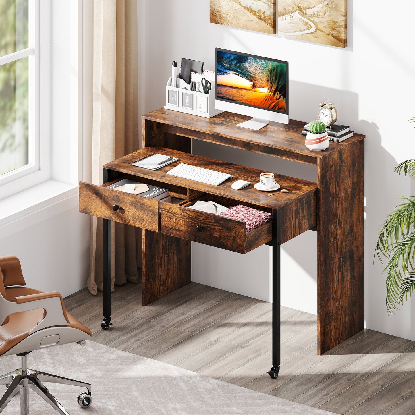 Extendable Computer Desk with 2 Storage Drawers Convertible Home Office Desk -Rustic Brown