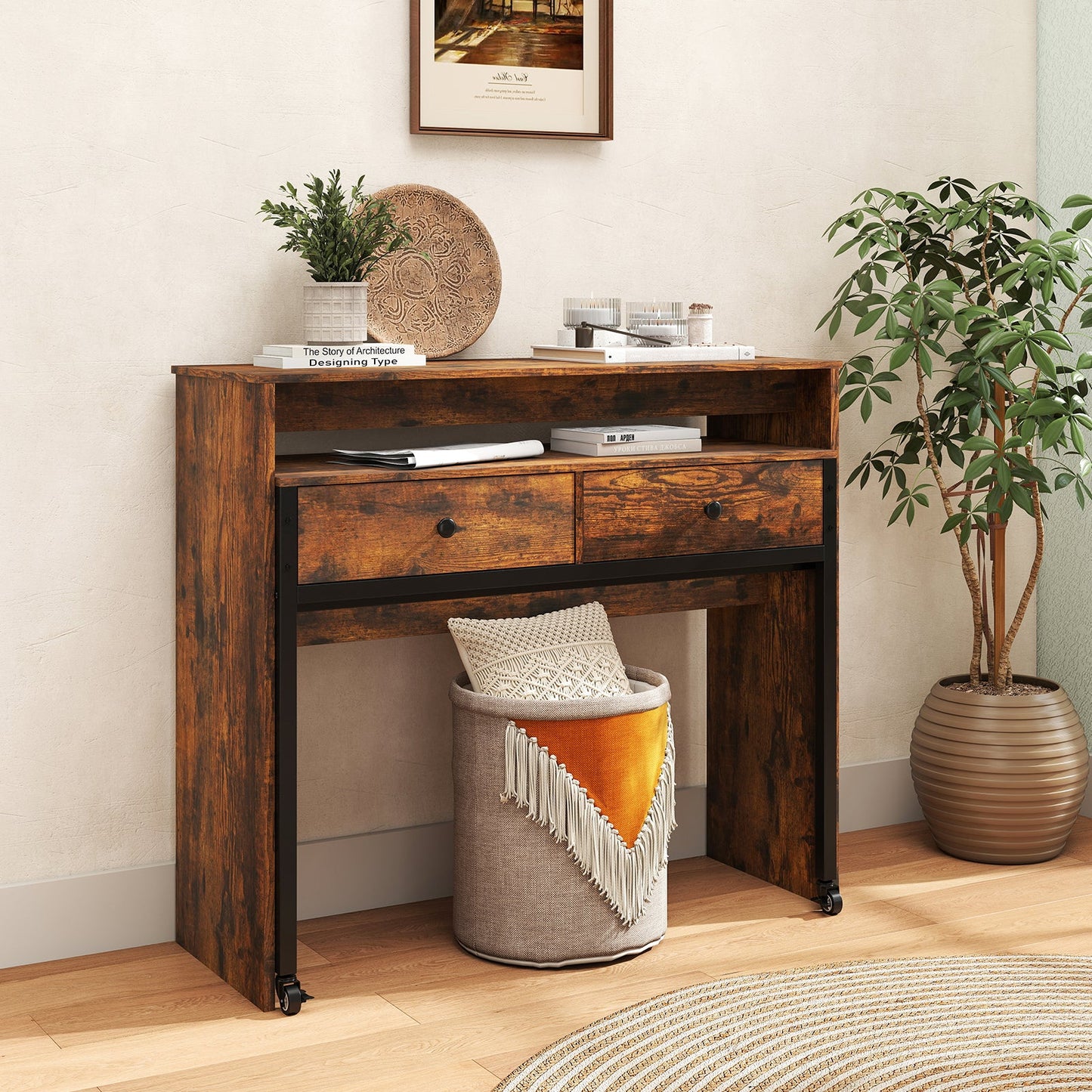 Extendable Computer Desk with 2 Storage Drawers Convertible Home Office Desk -Rustic Brown