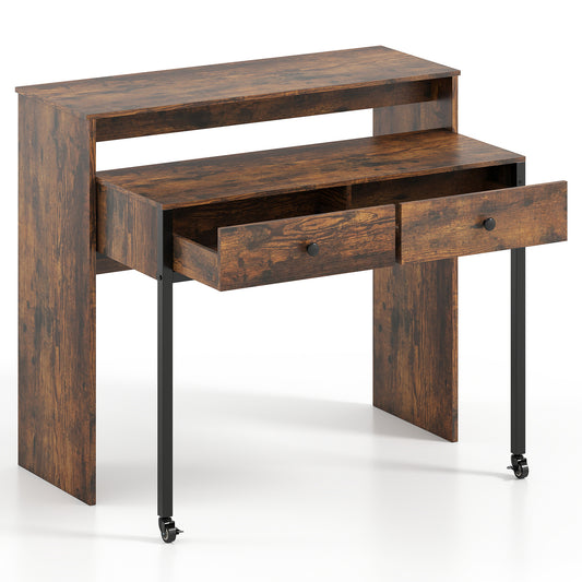 Extendable Computer Desk with 2 Storage Drawers Convertible Home Office Desk -Rustic Brown