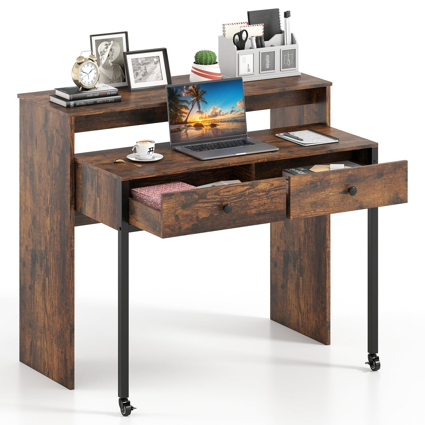Extendable Computer Desk with 2 Storage Drawers Convertible Home Office Desk -Rustic Brown