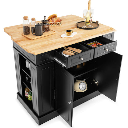 Drop-Leaf Kitchen Island with Extendable Worktop and Adjustable Shelves-Black