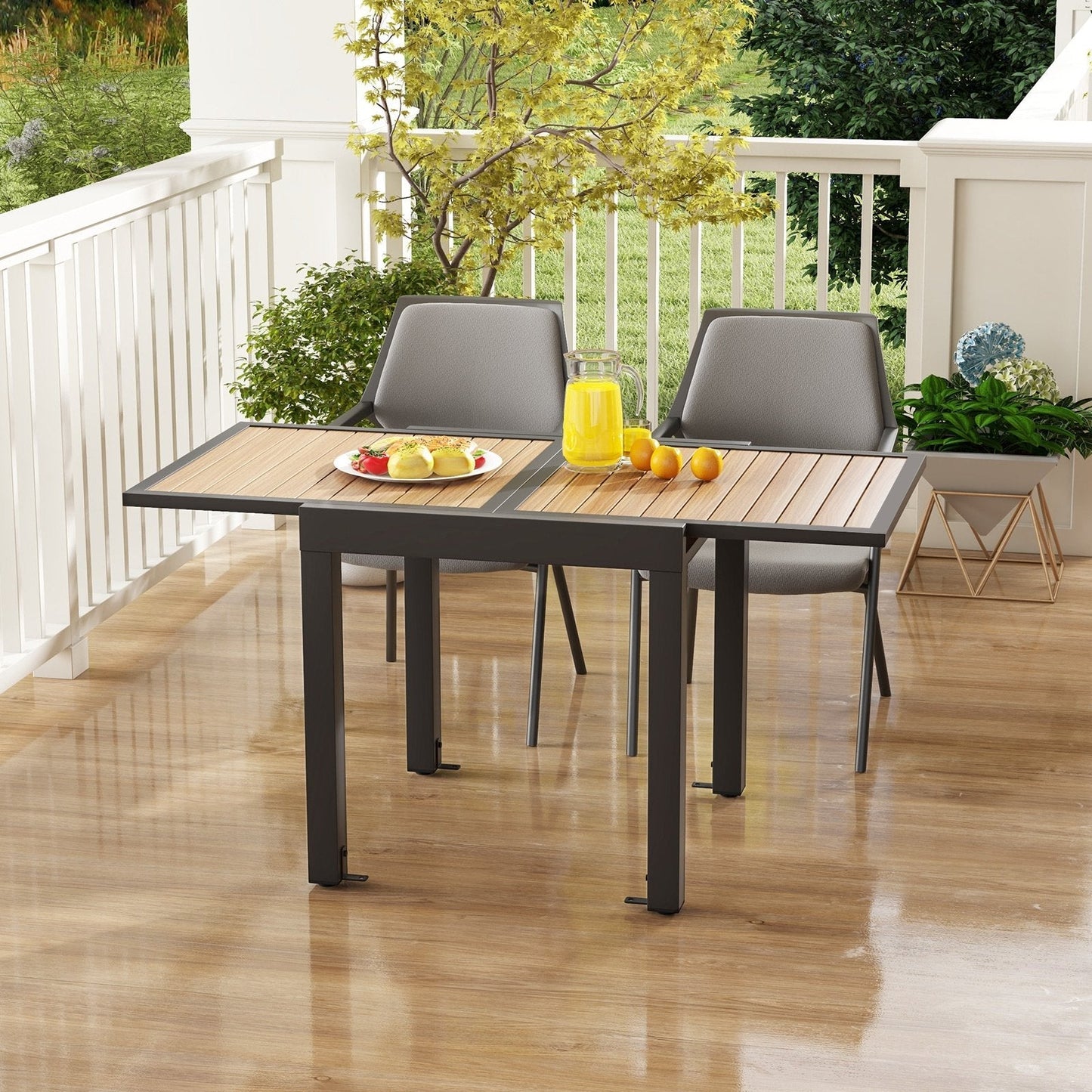 Extendable Wood-like Patio Dining Table with Stable Legs-Grey