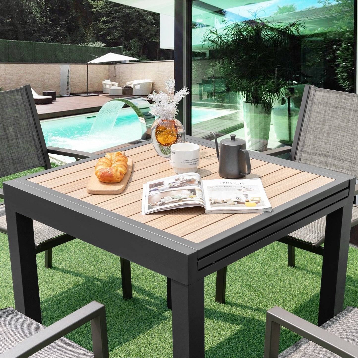 Extendable Wood-like Patio Dining Table with Stable Legs-Grey