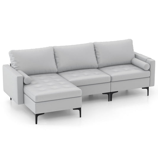 Extra Large L-Shaped Sofa with 4 USB Ports, Solid Metal Legs-Light Grey