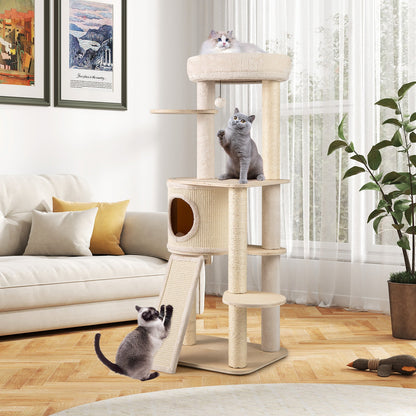 Extra Large Wooden Cat Tree with Cat Condo and Washable Cushions-Natural