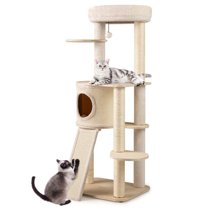 Extra Large Wooden Cat Tree with Cat Condo and Washable Cushions-Natural