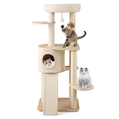 Extra Large Wooden Cat Tree with Cat Condo and Washable Cushions-Natural