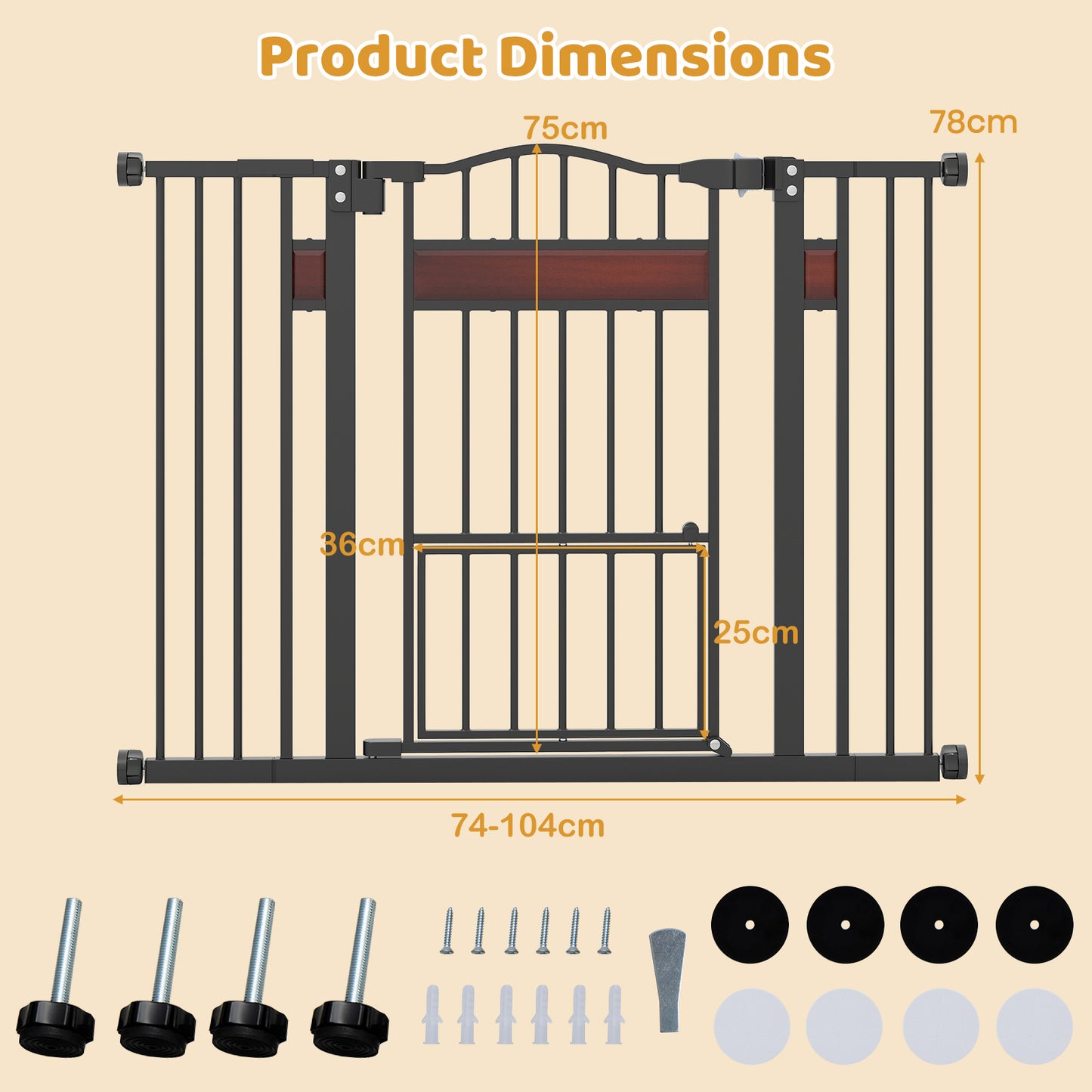 Extra Wide Walk Through Pet Gate for 74-104 cm Openings-Black
