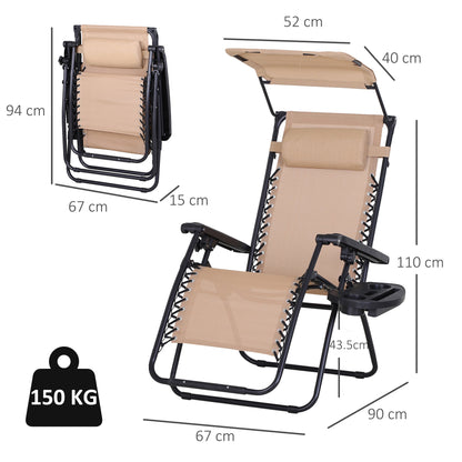 Outsunny Foldable Reclining Garden Chair with Headrest, Zero Gravity Deck Sun Lounger Seat Chair with Footrest, Armrest, Cup Holder & Canopy Shade, Beige