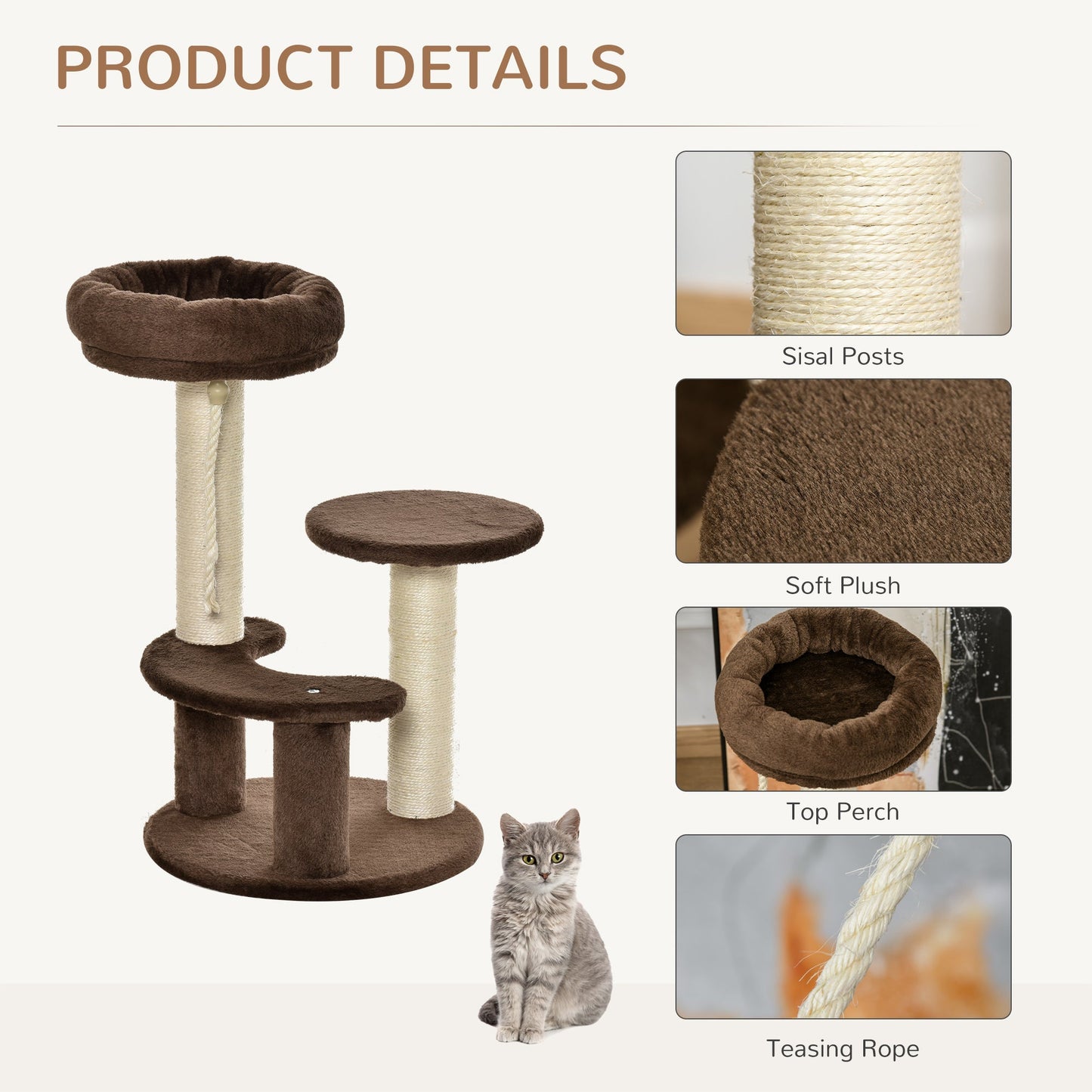 Pawhut 65 cm Cat Tree Cat Scratching Post Kitty Scratcher Kitten Activity Center Scratching Post Playhouse 2 Perch w/Hanging Sisal Rope Brown