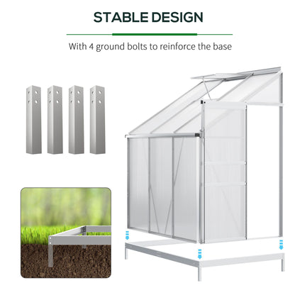 Outsunny Walk-In Greenhouse Lean to Wall Polycarbonate Garden Greenhouse with Adjustable Roof Vent, Rain Gutter and Sliding Door, 6 x 4 ft