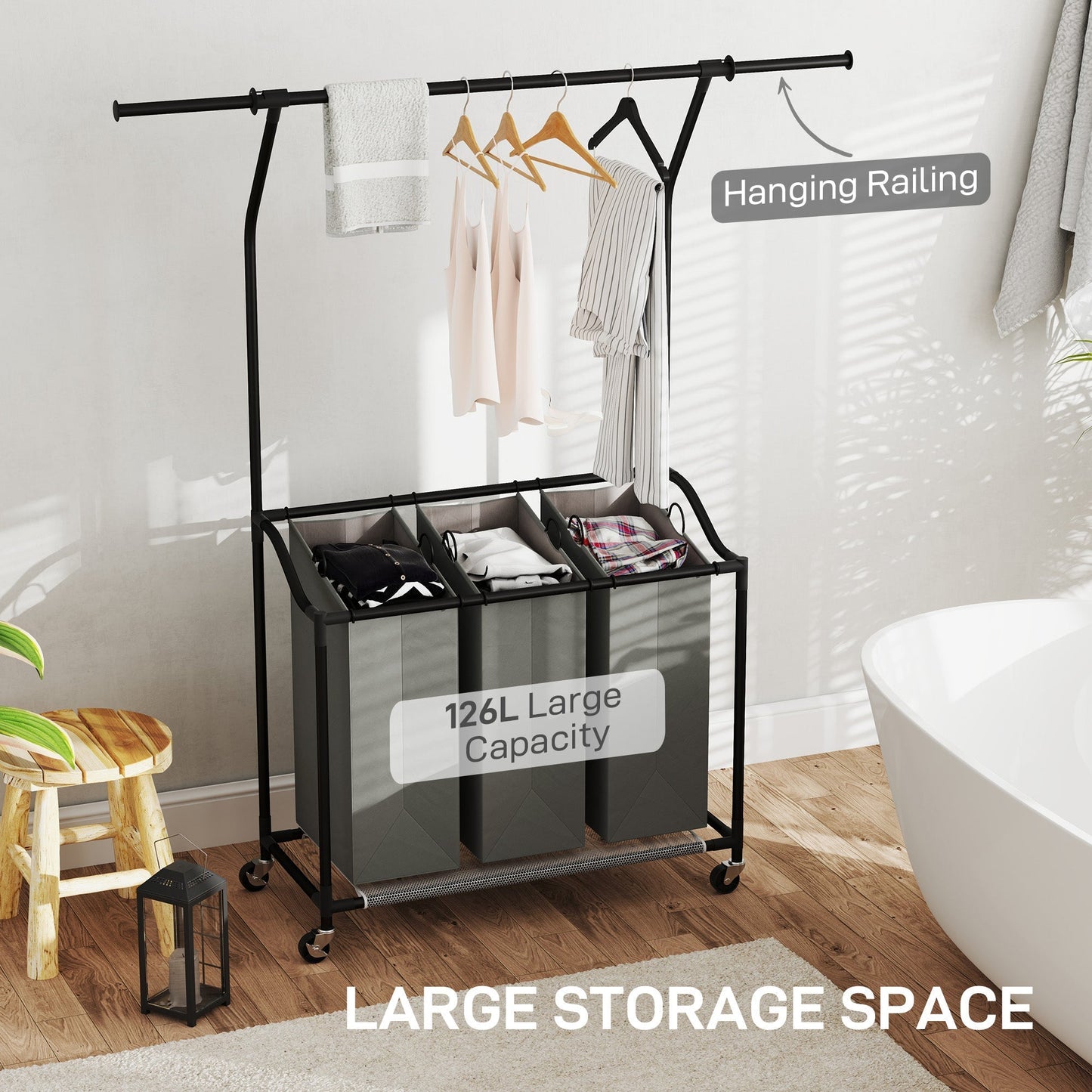 HOMCOM 3x 42L Laundry Basket Unit, with Hanging Rail - Black/Grey