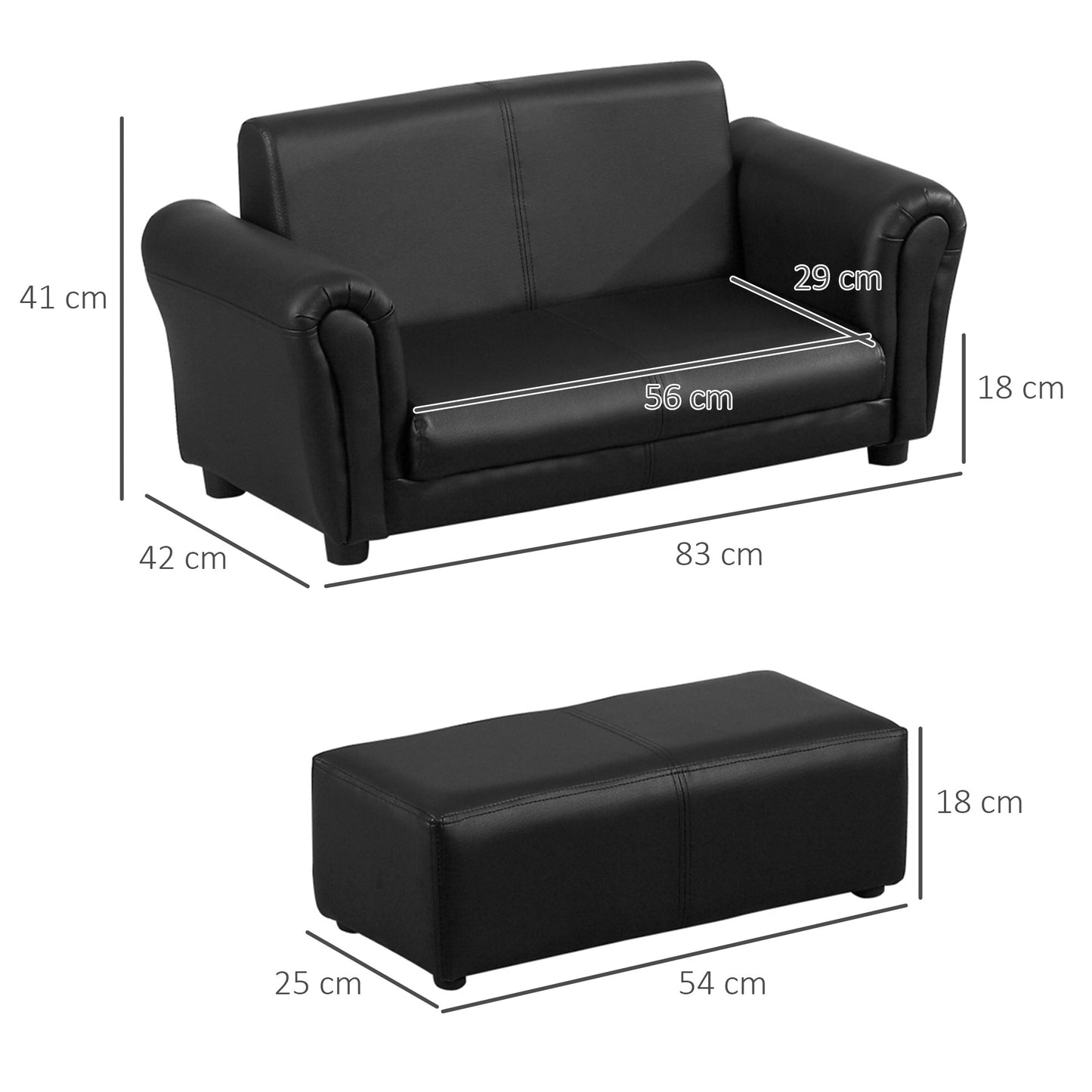Sofa dziecięca HOMCOM z funkcją spania, sofa dla dzieci, fotel dla malucha, sofa dla chłopców i dziewcząt, sofa dwuosobowa z podnóżkiem (czarna)