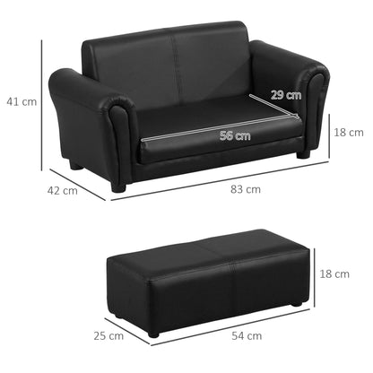 Sofa dziecięca HOMCOM z funkcją spania, sofa dla dzieci, fotel dla malucha, sofa dla chłopców i dziewcząt, sofa dwuosobowa z podnóżkiem (czarna)
