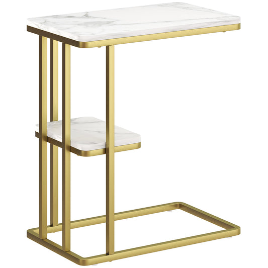 HOMCOM C-Shaped Narrow Side Table, 2-Tier Slim End Table, Nightstand for Small Spaces, Living Room, Bedroom, White Marble Grain