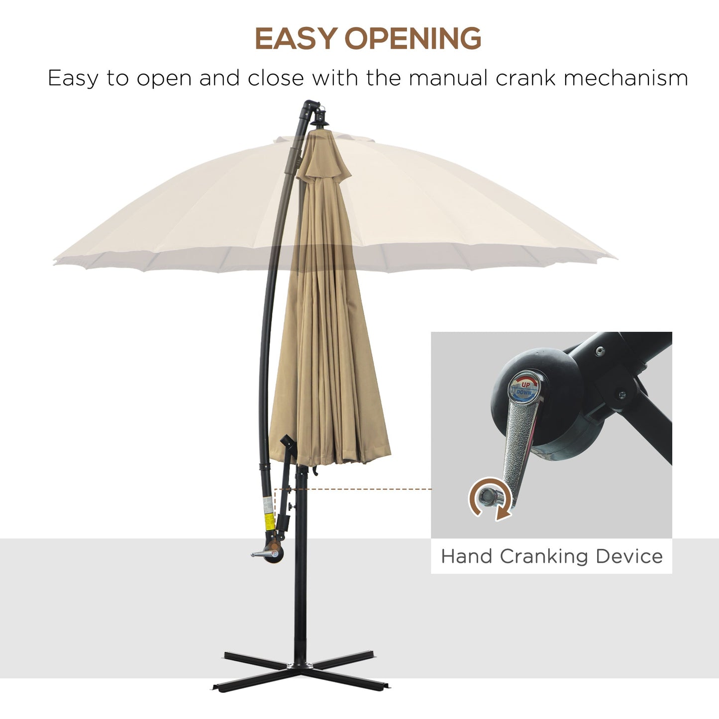 Outsunny 3(m) Cantilever Shanghai Parasol Garden Hanging Banana Sun Umbrella with Crank Handle, 18 Sturdy Ribs and Cross Base, Beige