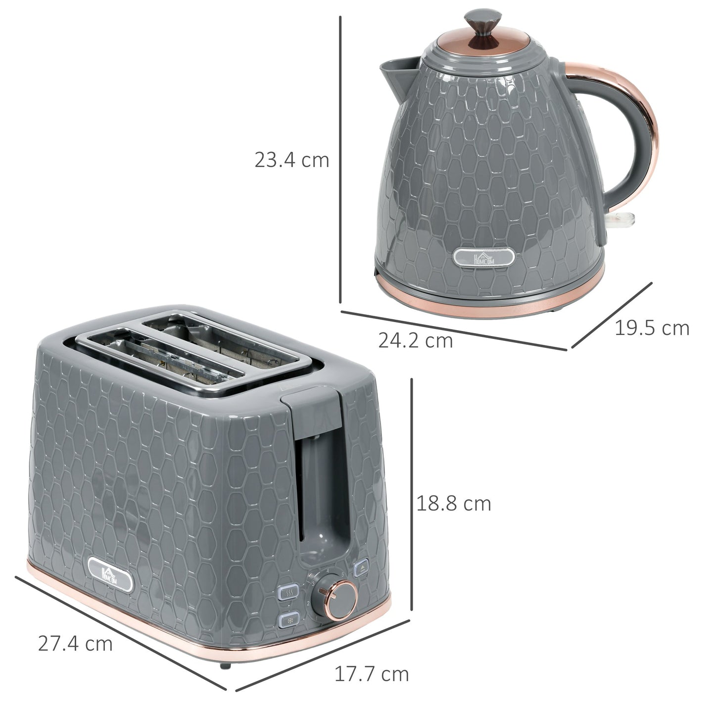 HOMCOM 1,7 l 3000 W czajnik do szybkiego gotowania i zestaw tostera na 2 kromki, zestaw czajnika i tostera z automatycznym wyłączaniem, sterowaniem brązowieniem, szary