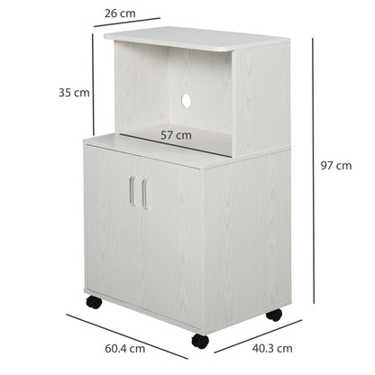 HOMCOM Kitchen Storage Unit, Modern Microwave Stand Trolley Cart, Sideboard with Cabinet, Locking Wheels, Shelf for Living Room, Dining Room, White