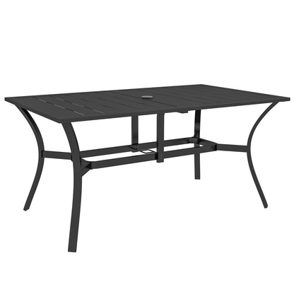 Prostokątny stół ogrodowy Outsunny z otworem na parasol, stół tarasowy ze stalową ramą i blatem z listew, 150 cm x 90 cm, czarny