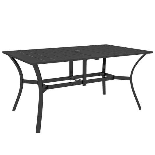 Prostokątny stół ogrodowy Outsunny z otworem na parasol, stół tarasowy ze stalową ramą i blatem z listew, 150 cm x 90 cm, czarny
