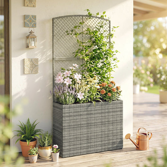 Outsunny Rattan Planter with Trellis, Raised Beds for Garden with Liner for Climbing Plants Vegetables Flowers, Dark Grey