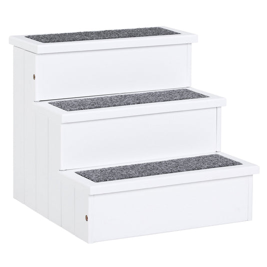 PawHut 3 Step Wooden Dog Steps Pet Stairs for Dogs, Cat Ladder for Bed Couch with Storage White