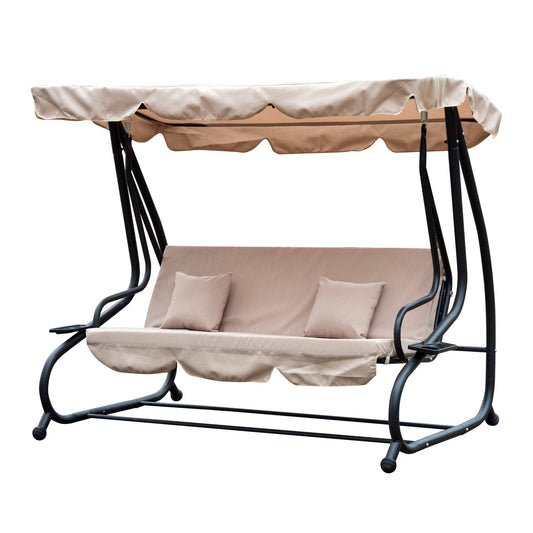 Outsunny 3 Seater Garden Swing Seat Bed Swing Chair 2-in-1 Hammock Bed Patio Garden Chair with Adjustable Canopy and Cushions, Light Brown