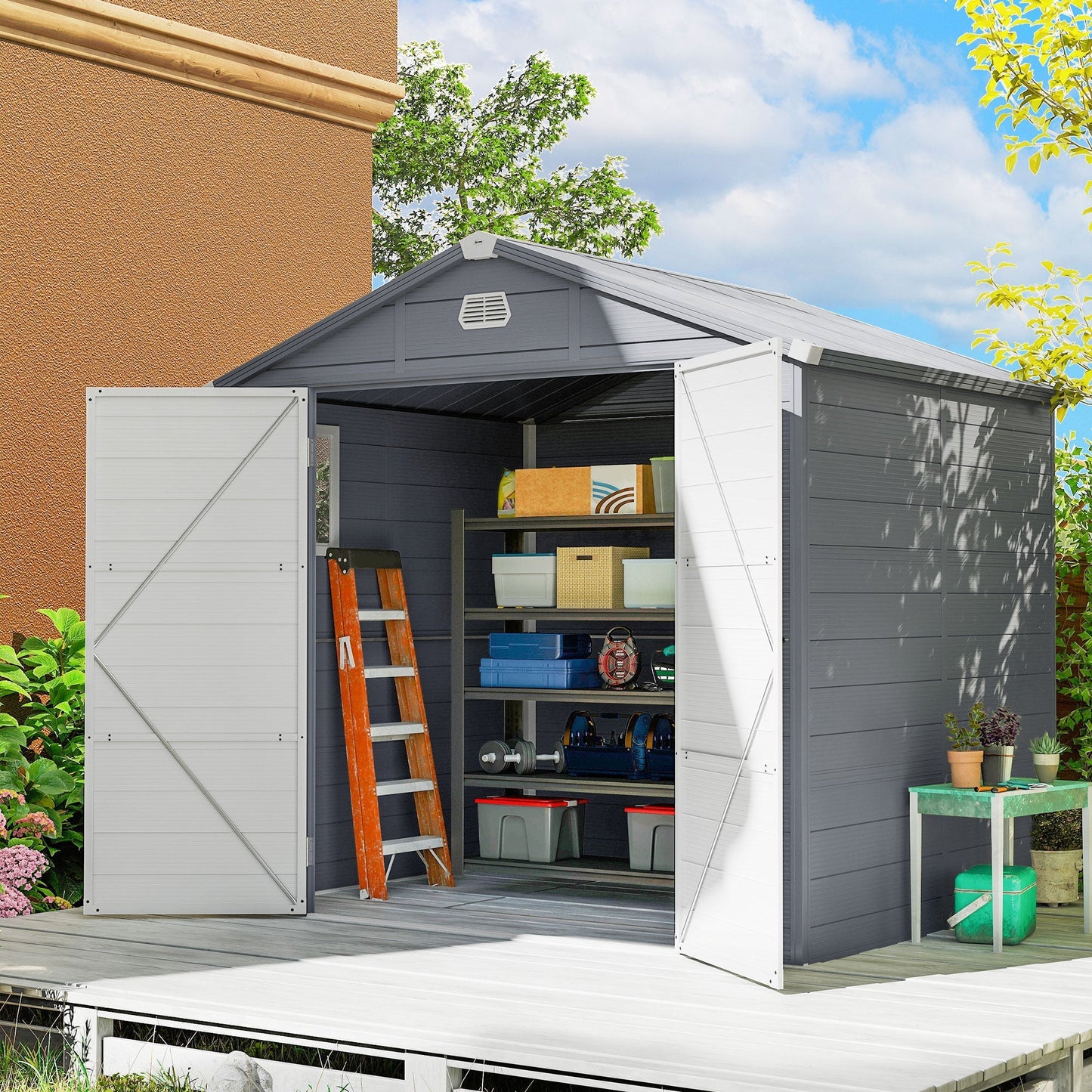 Outsunny 7.9ft x 6.2ft Aluminium Frame and Plastic Wall Shed, with Foundation - Grey