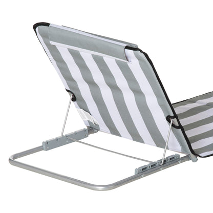 Outsunny Set of 2 Foldable Garden Beach Chair Mat Lightweight Outdoor Sun Lounger Seats Adjustable Back Metal Frame PE Fabric Head Pillow, Light Grey