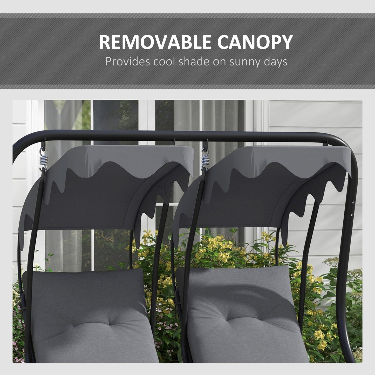 Outsunny Canopy Swing Chair Modern Garden Swing Seat Outdoor Relax Chairs w/ 2 Separate Chairs, Cushions and Removable Shade Canopy, Grey