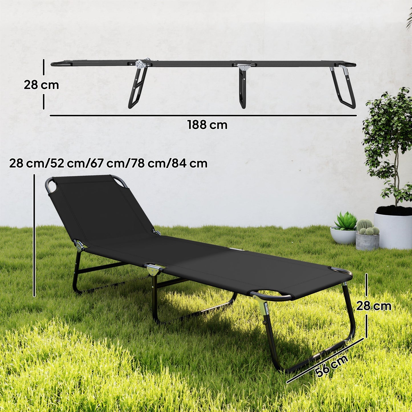 Outsunny Foldable Sun Lounger with 5-Position Adjustable Backrest, Outdoor Portable Recliner Chaise Lounge Chair with Breathable Mesh Fabric, Black