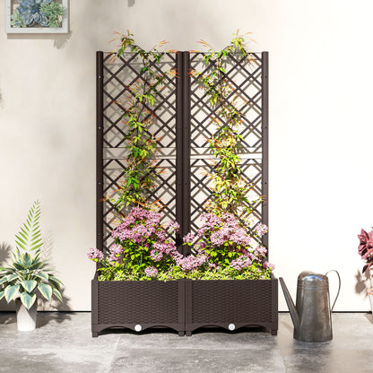 Outsunny Raised Garden Bed with Trellis, Plastic Planter Box with Drainage Holes and Drain Plugs for Climbing Plants, Vegetables, Flowers, Brown