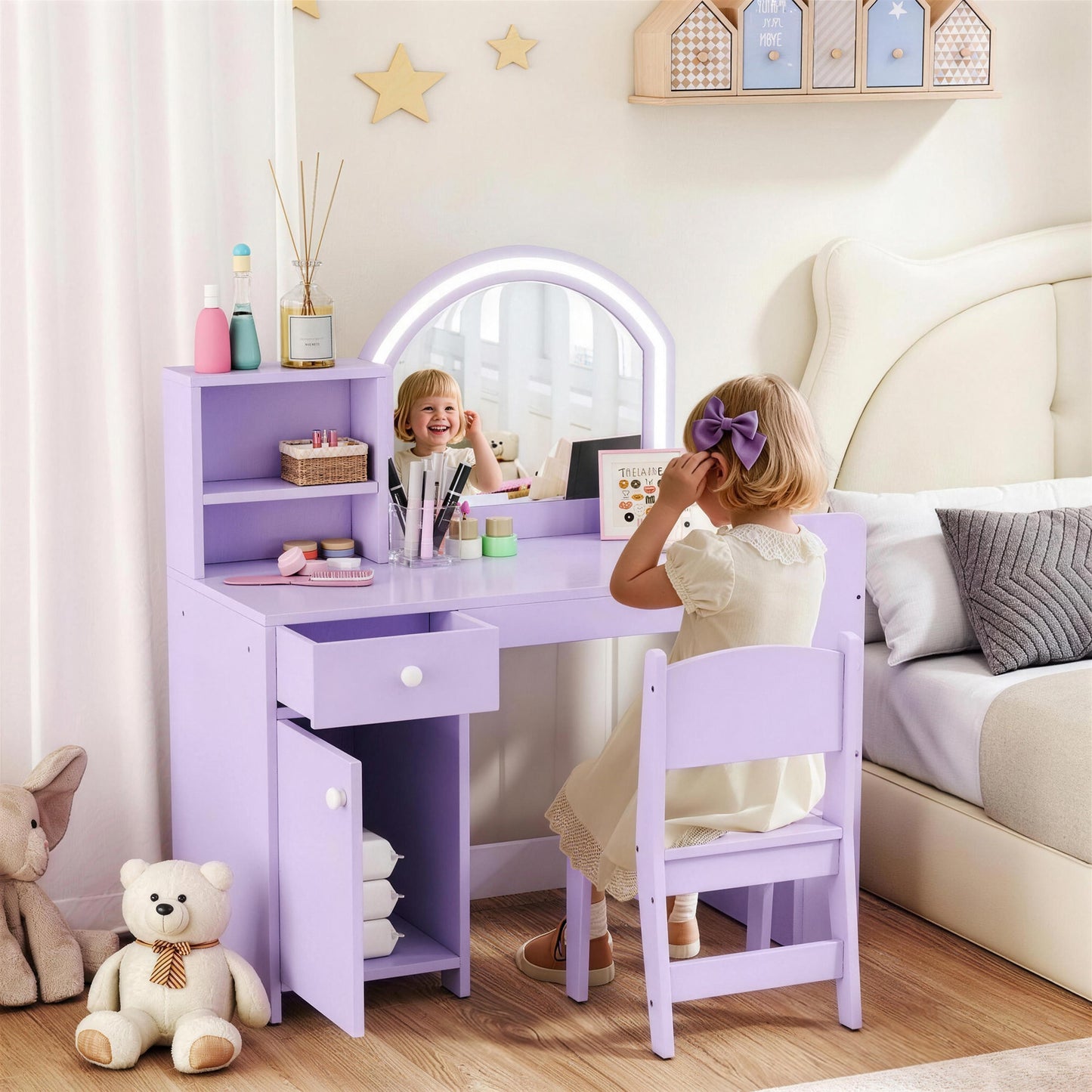 AIYAPLAY Kids Vanity Table and Chair Set, Kids Vanity Table with 2-Colour LED Mirror, Stool, Cabinet, Drawer, Shelves, Purple