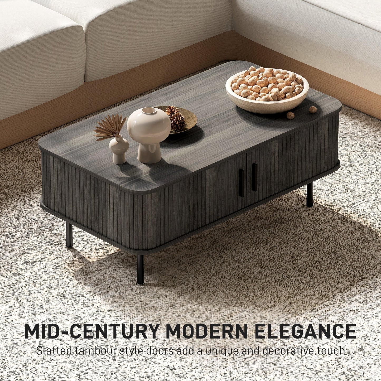 HOMCOM Coffee Table with Storage, Living Room Table with Slatted Tambour Sliding Doors and Foot Pads, Rectangular Coffee Table with Elevated Base for Living Room, Grey Wood-Effect