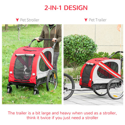 PawHut 2-In-1 Dog Bike Trailer Pet Stroller with Universal Wheel Reflector Flag Red