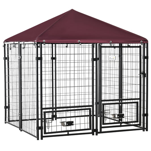 PawHut Outdoor Dog Kennel z obrotowymi uchwytami na miski, wodoodporną i odporną na promieniowanie UV osłoną dla średnich i małych psów, czerwony