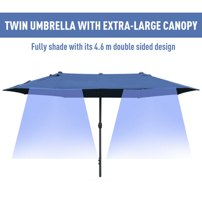 Outsunny 4.6M Sun Umbrella Canopy Double-sided Crank Sun Shade w/ Cross Base Dark Blue