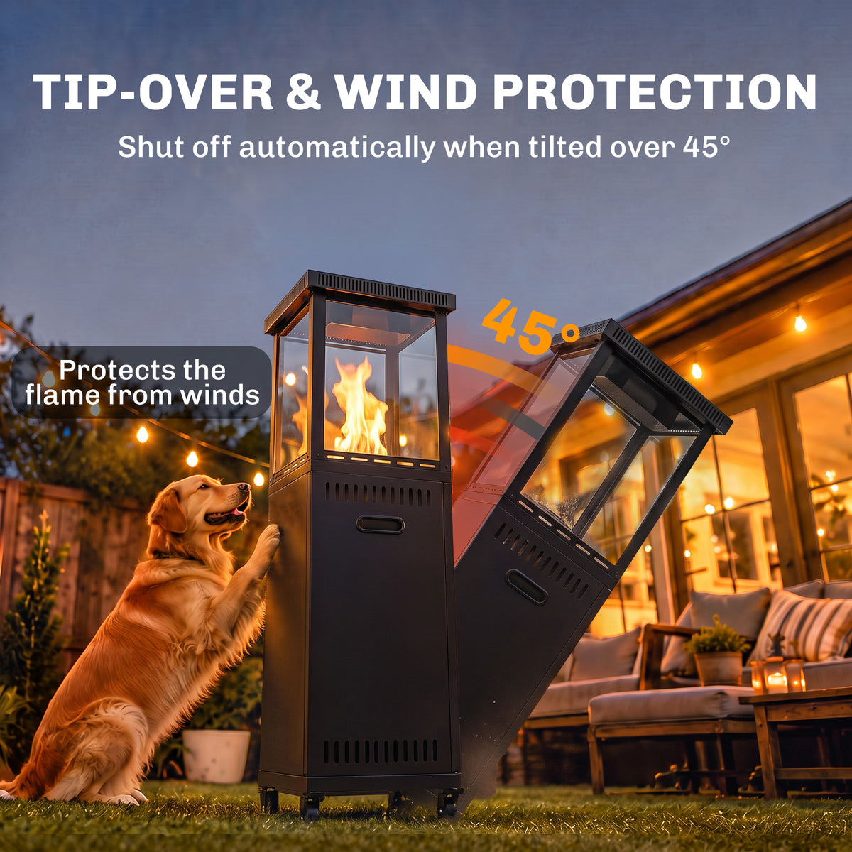 Outsunny Gas Patio Heater, 13 kW Portable Propane Outdoor Heater with Stepless Heat Control, Tip-over Protection, 4 Wheels, Black