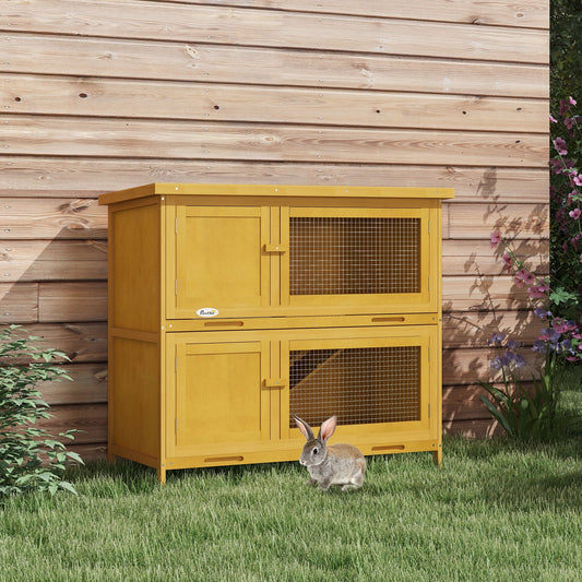 PawHut Double Decker Rabbit Hutch 2 Tier Guinea Pig House Klatka zewnętrzna dla królików z wysuwaną tacką, 97 x 44 x 91 cm, żółta