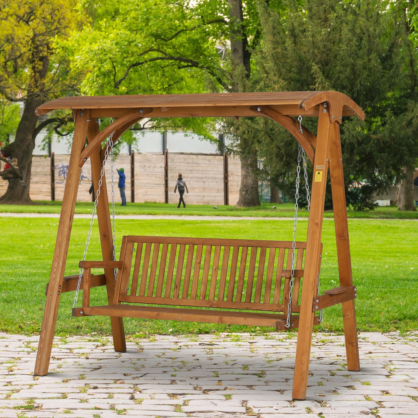 Outsunny 3-Seater Larch Wood Garden Swing Chair Bench Hammock Lounger with Wooden Canopy, Teak