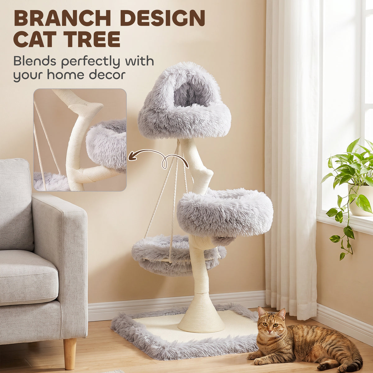 PawHut 115 cm Modern Cat Tree Tower for Large Cats with Sisal Scratching Post, Holds 1 Cat up to 6kg, Machine-Washable Beds