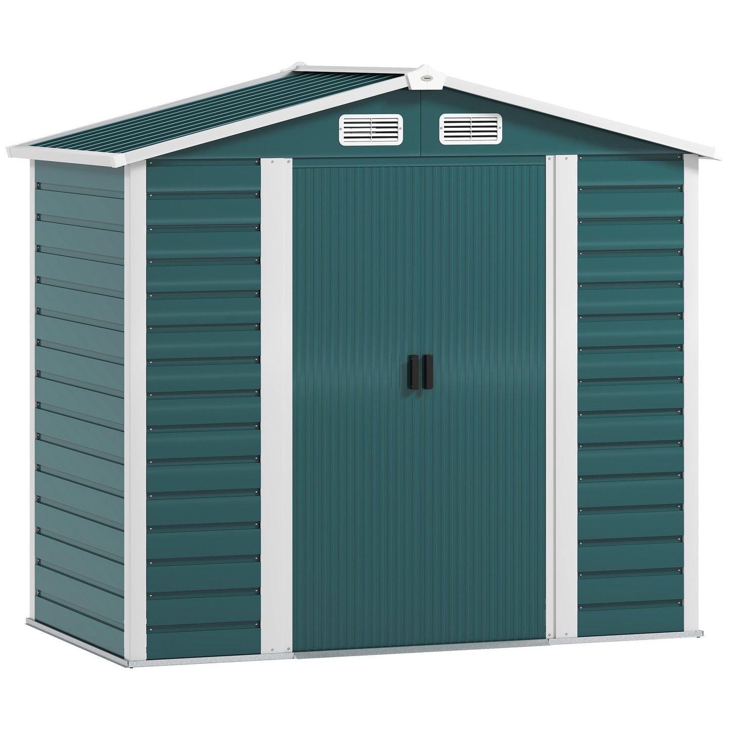 Outsunny 7 x 4ft Garden Shed, Easy to Assemble, Upgraded Galvanised Steel Frame with Foundation Kit, Double Doors with Lock, Outdoor Metal Shed with Vents and Gloves, Garden Storage Shed, Green