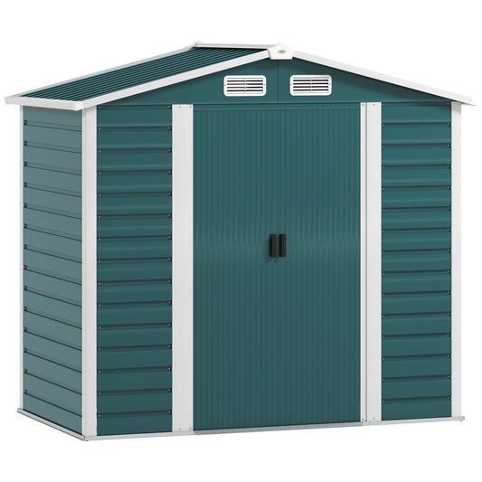 Outsunny 7 x 4ft Garden Shed, Easy to Assemble, Upgraded Galvanised Steel Frame with Foundation Kit, Double Doors with Lock, Outdoor Metal Shed with Vents and Gloves, Garden Storage Shed, Green