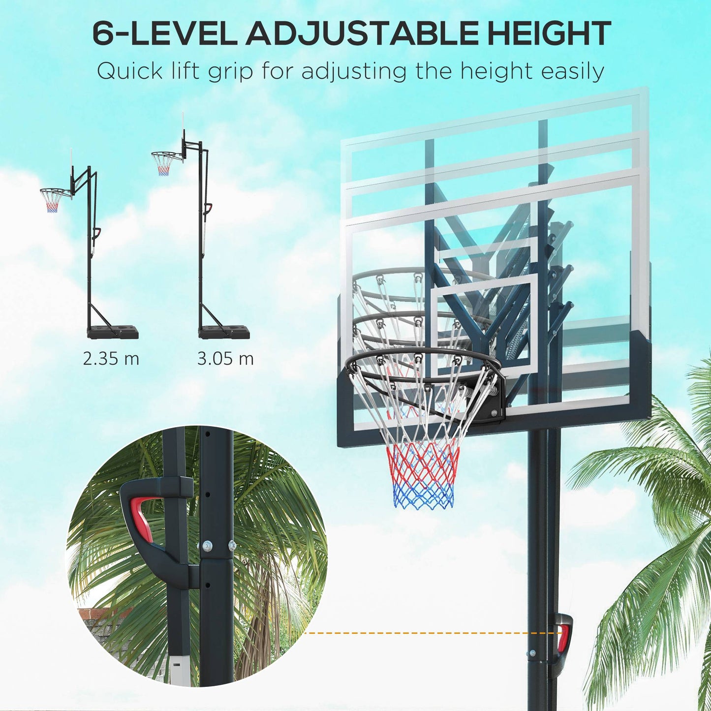 SPORTNOW 6 Level Height Adjustable Freestanding Basketball Hoop and Stand with Wheels, 2.35M-3.05M