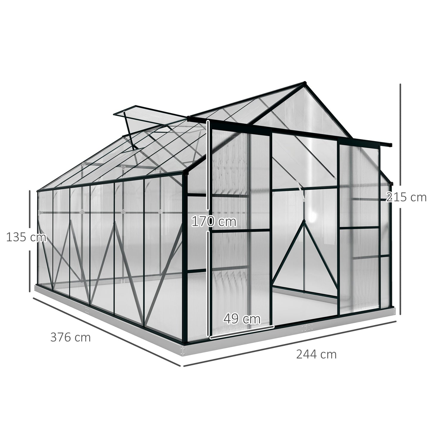 Outsunny 8 x 12ft Aluminium Greenhouse Polycarbonate Walk-in Garden Greenhouse Kit with Adjustable Roof Vent, Double Sliding Door, Rain Gutter and Foundation, Clear